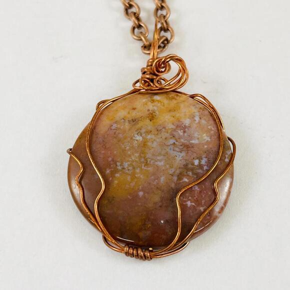 Handmade Copper Wire Wrapped agate Necklace Oval Cabochon Pendant - Picture 1 of 3